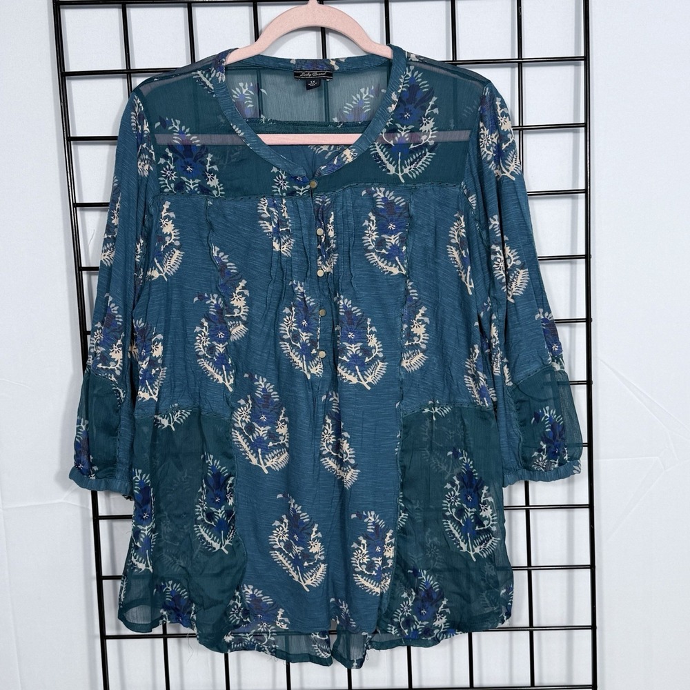Lucky Brand Henley Tunic Top Womens 1X Teal Green Sheer Panels Floral‎ Boho